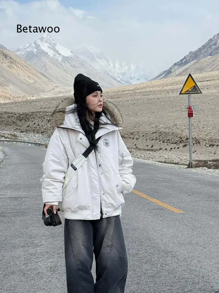 Faux Fur Trim Hood Oversized Padded Jacket Women Drawstring Full Zipper Side Pocket Loose Warm Outerwear For Cold Winter