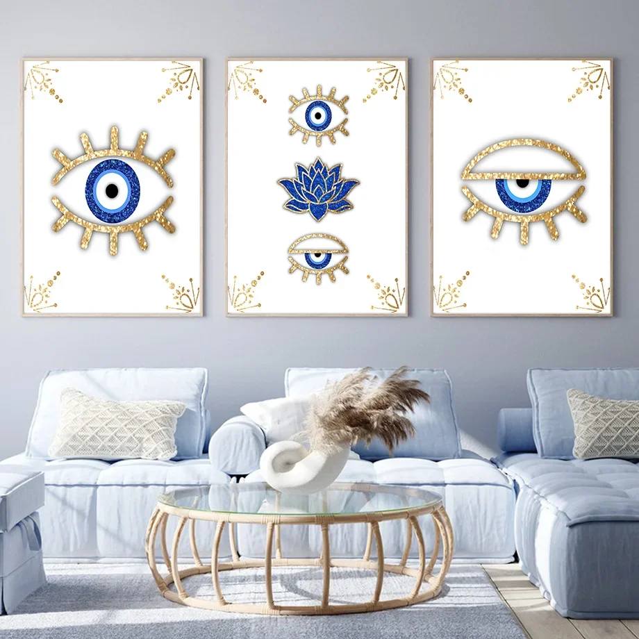 

Evil Eye Gold Blue Pink Sparkly Lotus Wall Art Canvas Painting Nordic Posters And Prints Wall Picture For Living Boho Room Decor