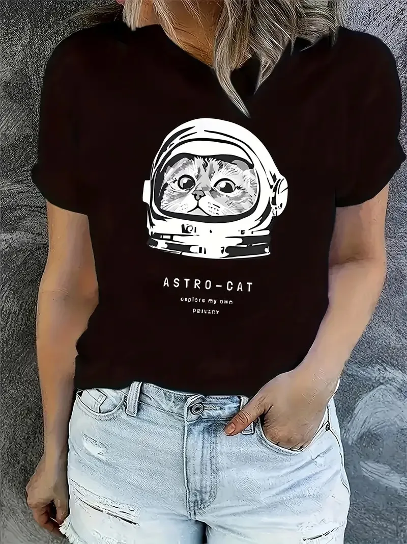 

Astronaut Cat Graphic Printing Summer Autumn Winter Cotton Men and Women T-shirt Short Sleeve Luxury Outdoor Sports Brand
