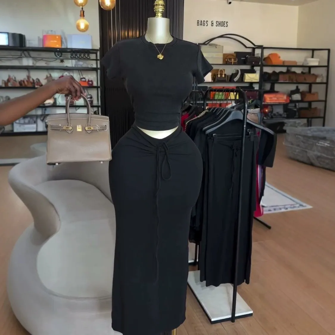 

Summer Dress 2 Piece Set Crop Top Ruched Waist Long Skirt Dresses Solid Black High Waist Maxi Dress Printed Tie Dress Women's