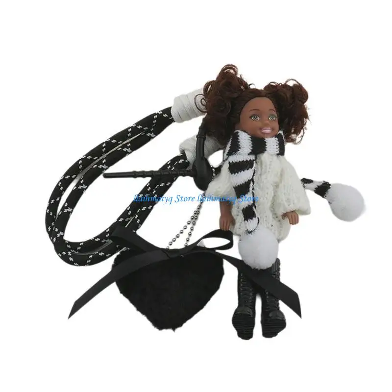 573B Black Curly Hair Doll Keychain Colorful Braided Rope and Heart Keyring Accessories Backpack Ornament for Women Girls
