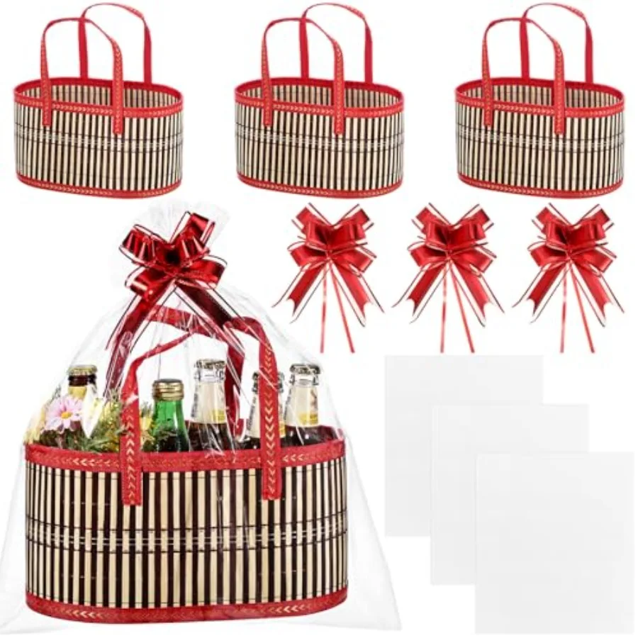 

3 Pcs Large Bamboo Empty Gifts Basket with Handles 12 Inch Woven Empty Basket to Fill with Ribbon Bow Bag for Wedding Baby Show