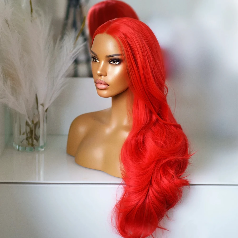 AIMEYA Red Synthetic Lace Front Wig Body Wave Wigs for Black Women Long Natural Hairline Lace Wig Party Cosplay Wigs Daily Used