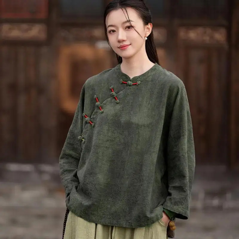 Spring Summer Chinese Style Women Long Sleeve Loose Casual Shirts Vintage Surplice Single Breasted Ramie Blouse Femme Tops B373
