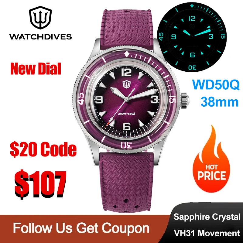 Watchdives WD50Q Quartz Watch New Dial VH31 Sweep Seconds Movement Men Watches Bubble Sapphire BGW9 Luminous 20Bar Dive Watches
