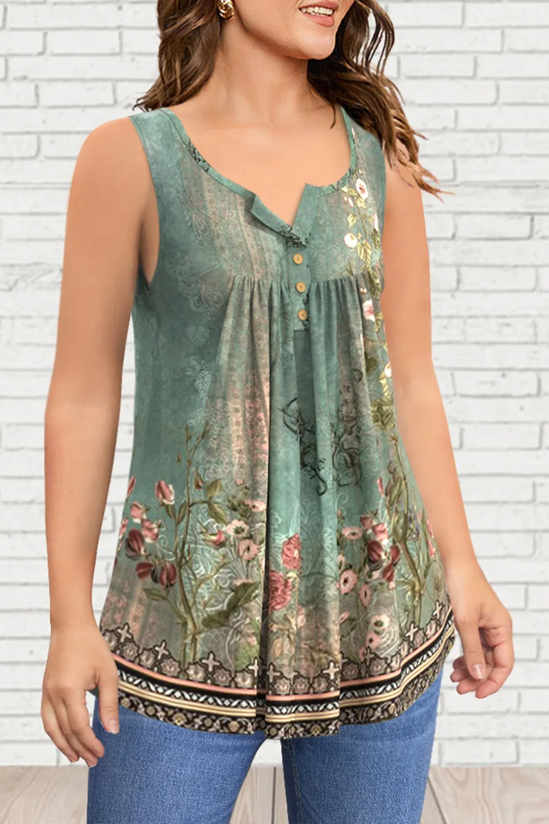 Flycurvy Plus Size Casual Green Retro Boho Floral Print pleated Tunic Tank Top