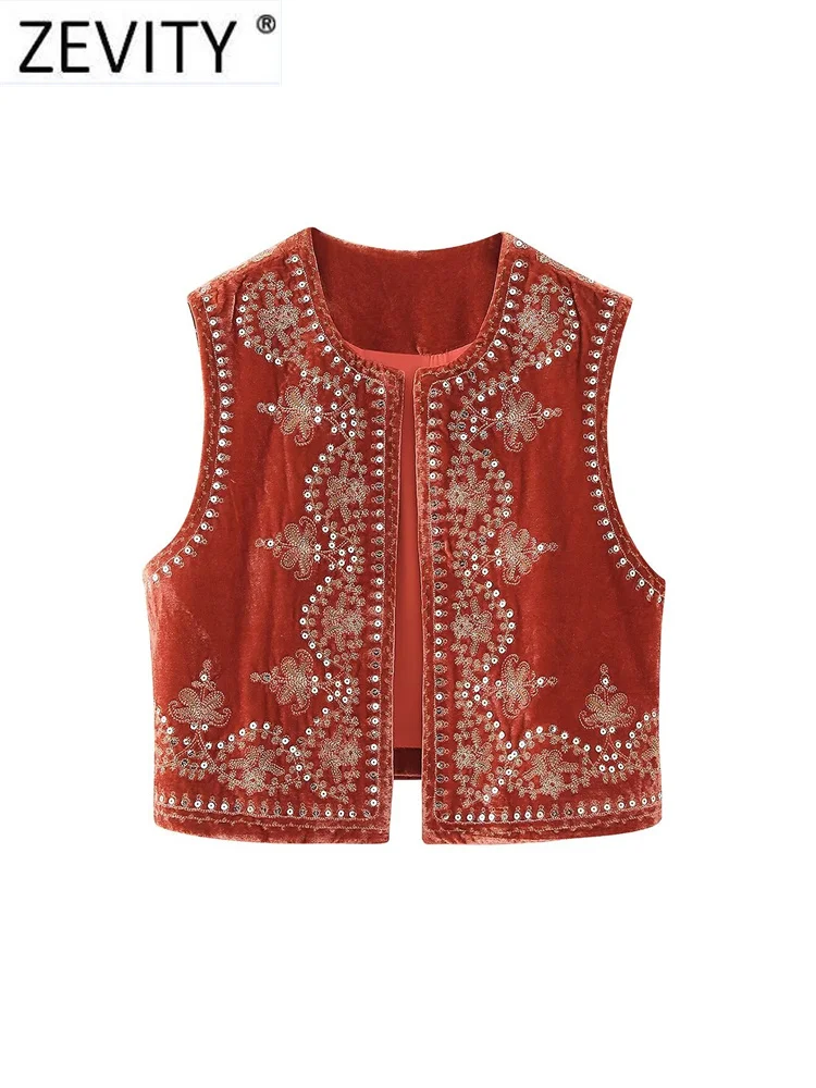 Zevity Women Vintage O Neck Sequins Flower Embroidery Short Vest Jacket Ladies Sleeveless Casual Velvet WaistCoat Tops CT3020