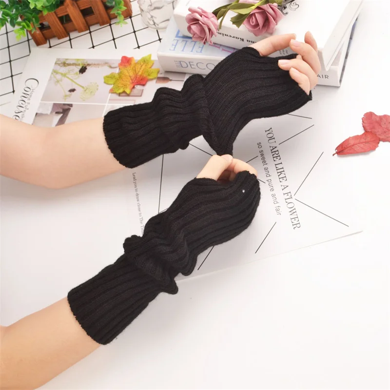 Guantes largos sin dedos para mujer, manopla de invierno, calentador de brazos de punto, manga de brazo, ropa informal suave para niñas, guantes