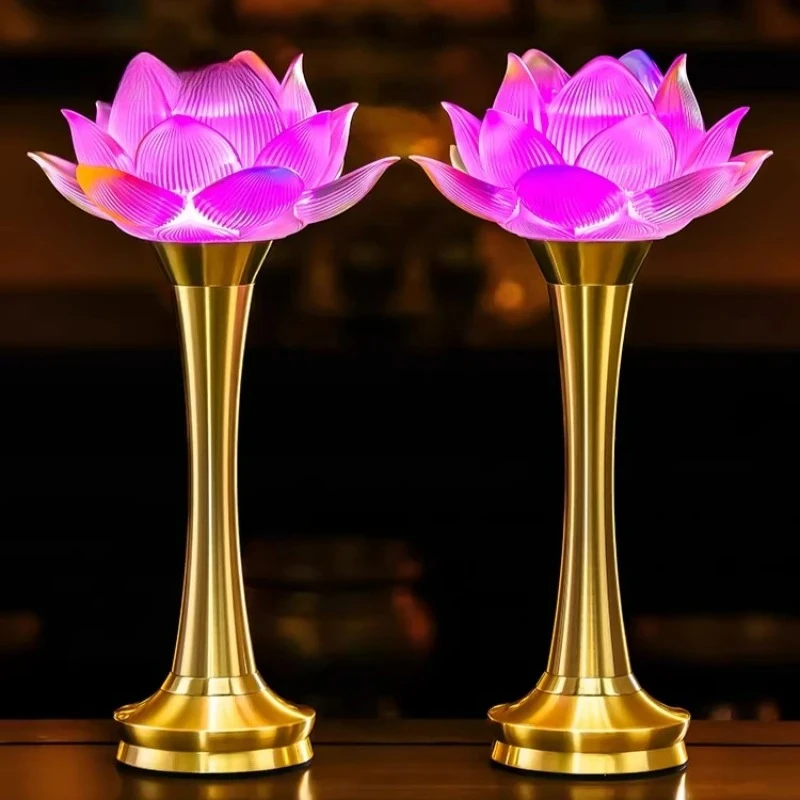2pcs Glass LED Lotus Lamp Colorful Offering of Ever Burning Lamps Plug in Buddhist Hall Decoration Religious Ornaments Crafts