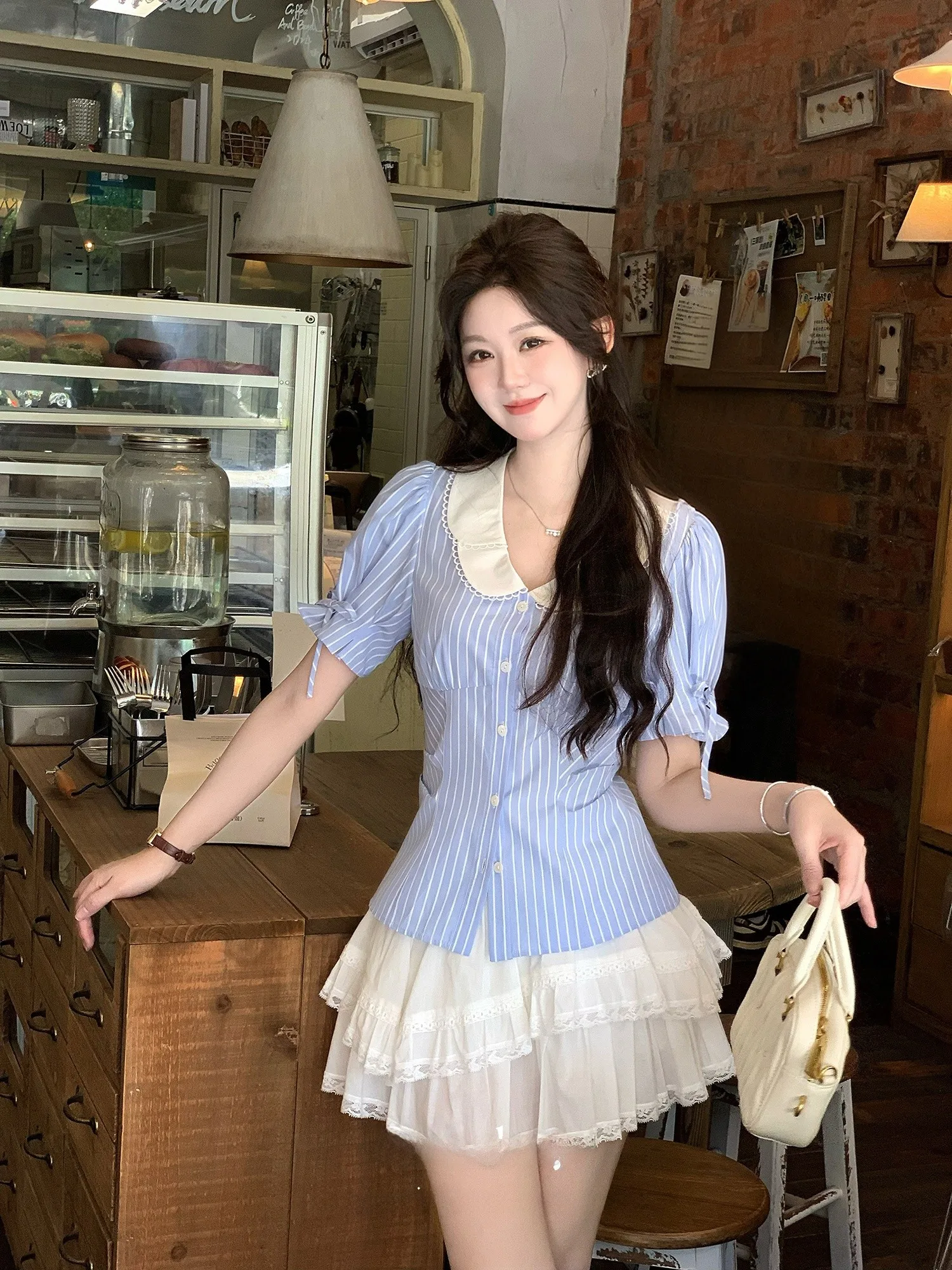 

Roro eep Sea Salt Fsy Striped irt Women's Ele Slimming Doll Collar Blouse Cotton Breathable Comfortable ort Sve
