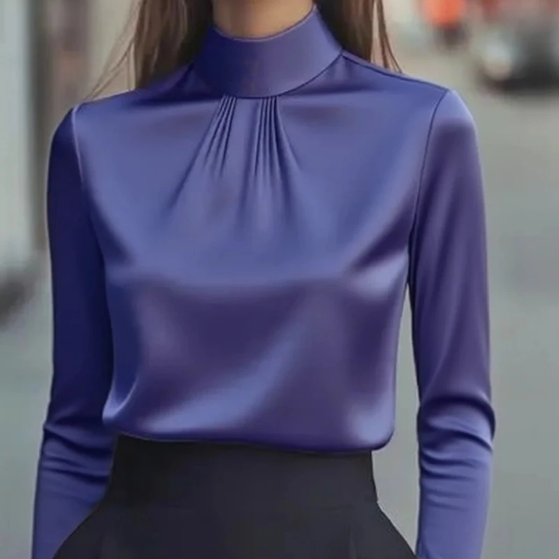 2026 primavera moda gola blusas de manga comprida elegante fino-ajuste blusa de cor sólida outono senhora do escritório topos de cetim