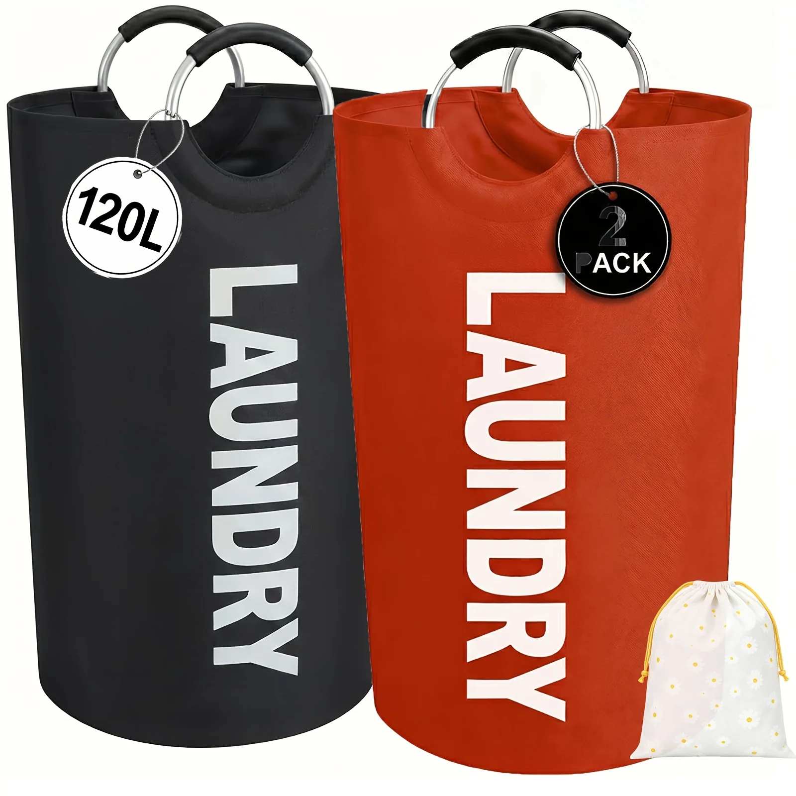 2 PACK Foldable Laundry Hamper with Detachable Laundry Bag, Tall Independent Hanging Rod & Sturdy Half-Ring Reinforced Handles, Wear-Resistant Collapsible Laundry Storage Basket
