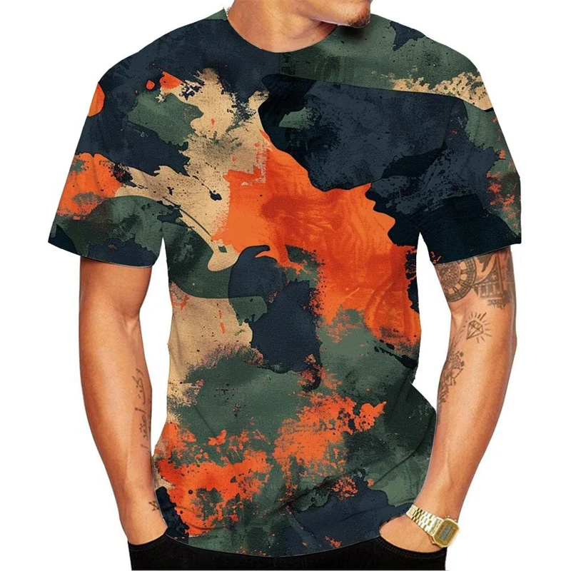 Colorful Camouflage Pattern T-Shirt For Men Color Block 3D Printed Tees Summer Casual Short Sleeve Loose T Shirts O-Neck Tops