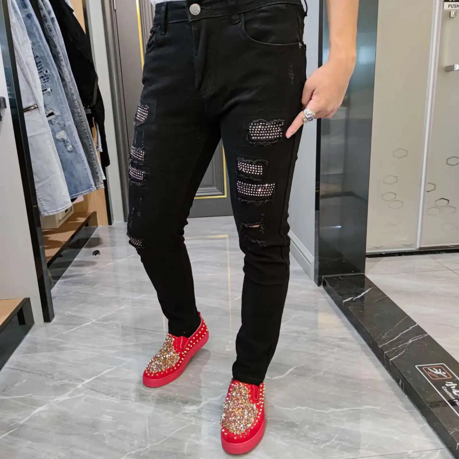 

Black Hole Jean Pants Rhinestones Patchwork Ripped Tights Jean Men European Brand Jean Pant Men Slim Stretch Jean Denim Trousers