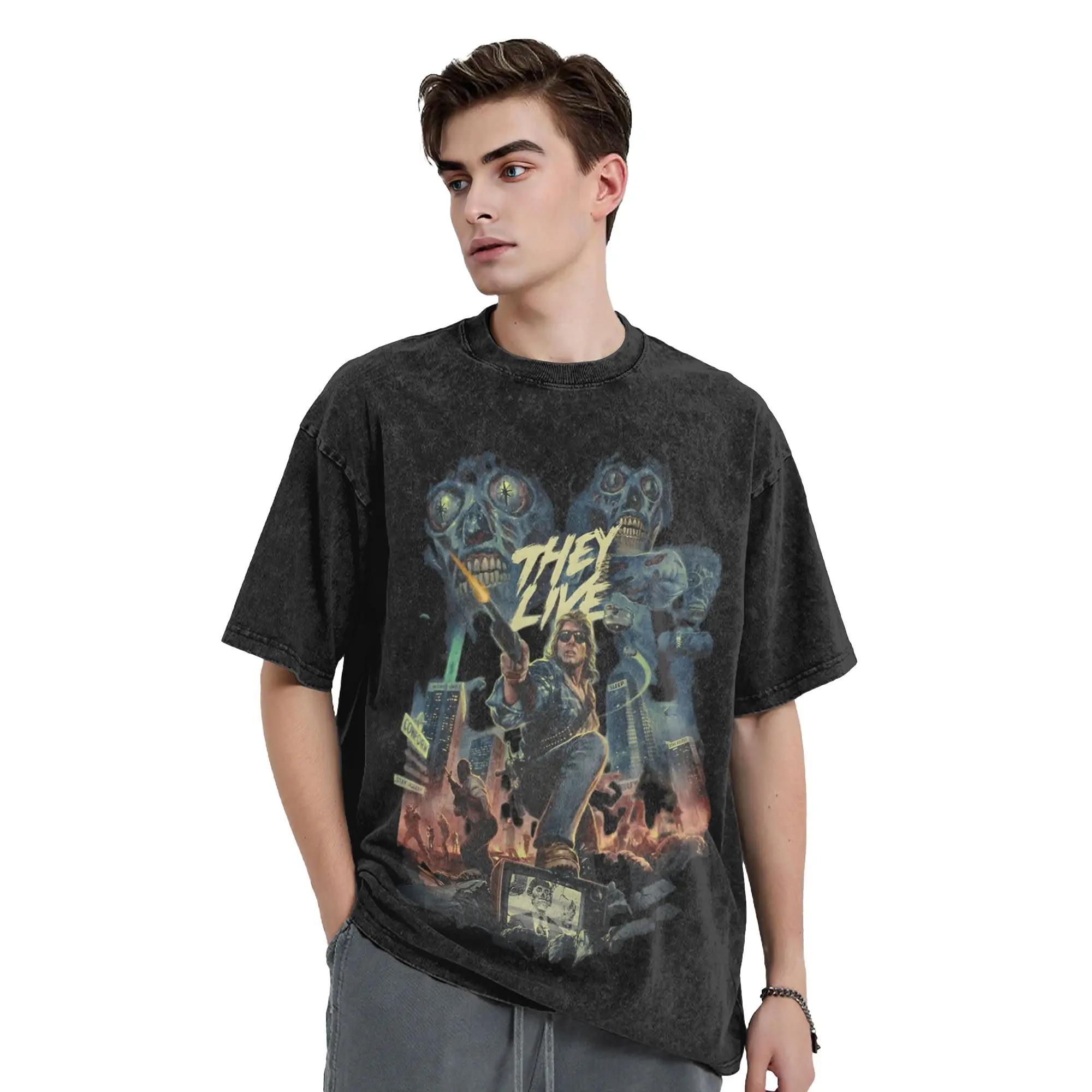 movie scary haloween 80s ghost horror They Live T Shirt Washed Oversize T-Shirt  Vintage for Men Women Streetwear Tee Shirt