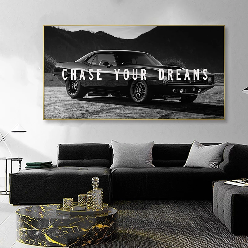 Chase Your Dream Quote Motivational Classic Sports Car Inspirational Canvas Painting Poster Prints for Living Room Home Decor