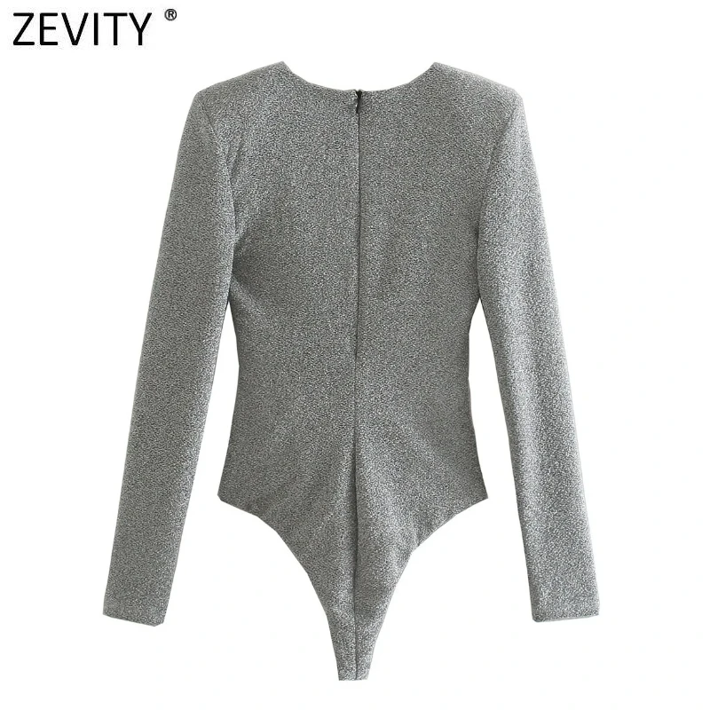 Zevity Women Sexy V Neck Metal Color Slim Bodysuits Lady Chic Shoulder Padded Back Zipper Club Party Playsuits Rompers LS9930