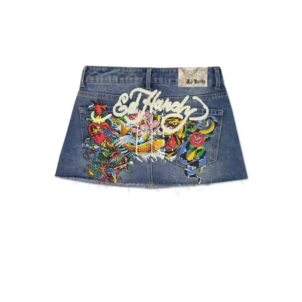 Retro Blue Denim Skirt for Men with Letter Print Harajuku Style Gothic Hip Hop Cotton Shorts Citywalk Summer No Stretch