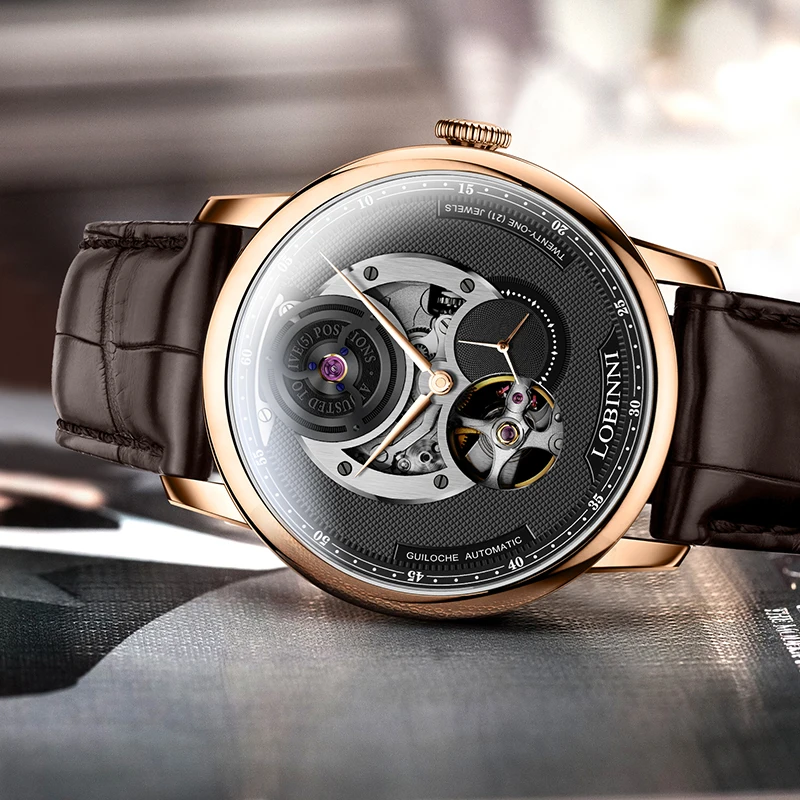 LOBINNI Men Skeleton Watch For Switzerland Luxury Brand Men Mechanical Watches Leather Sapphire Relógio Masculino Waterproof 50M