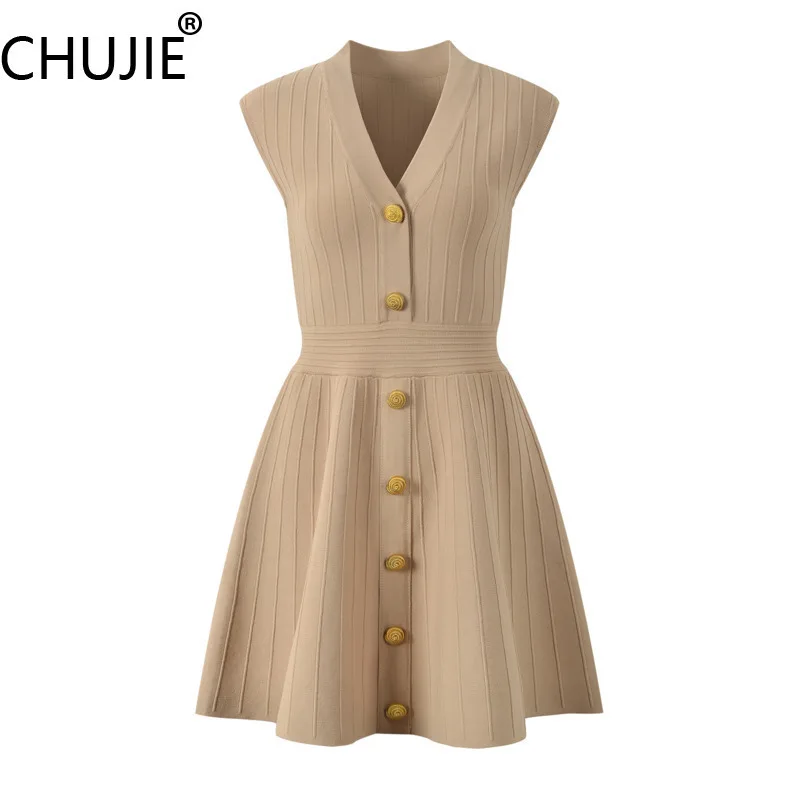 

CHUJIE Women's Dress 2025 Spring/Summer New French Fashion Socialite V-neck Metal Buckle Sleeveless Waist Cinched Dress