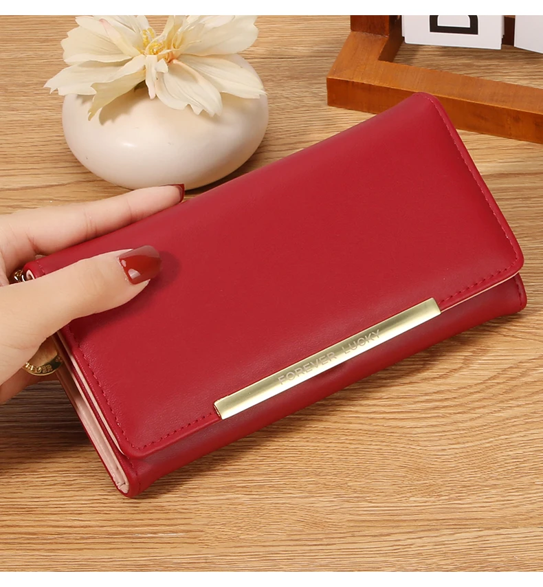 Damen Lange PU-Geldbörse 2-fach Faltbar Einfarbige Clutch mit Mehreren Kartenfächern Große Kapazität Reißverschluss-Geldbörse Koreanischer Stil Damen-Handgeldbörse – Detail 12