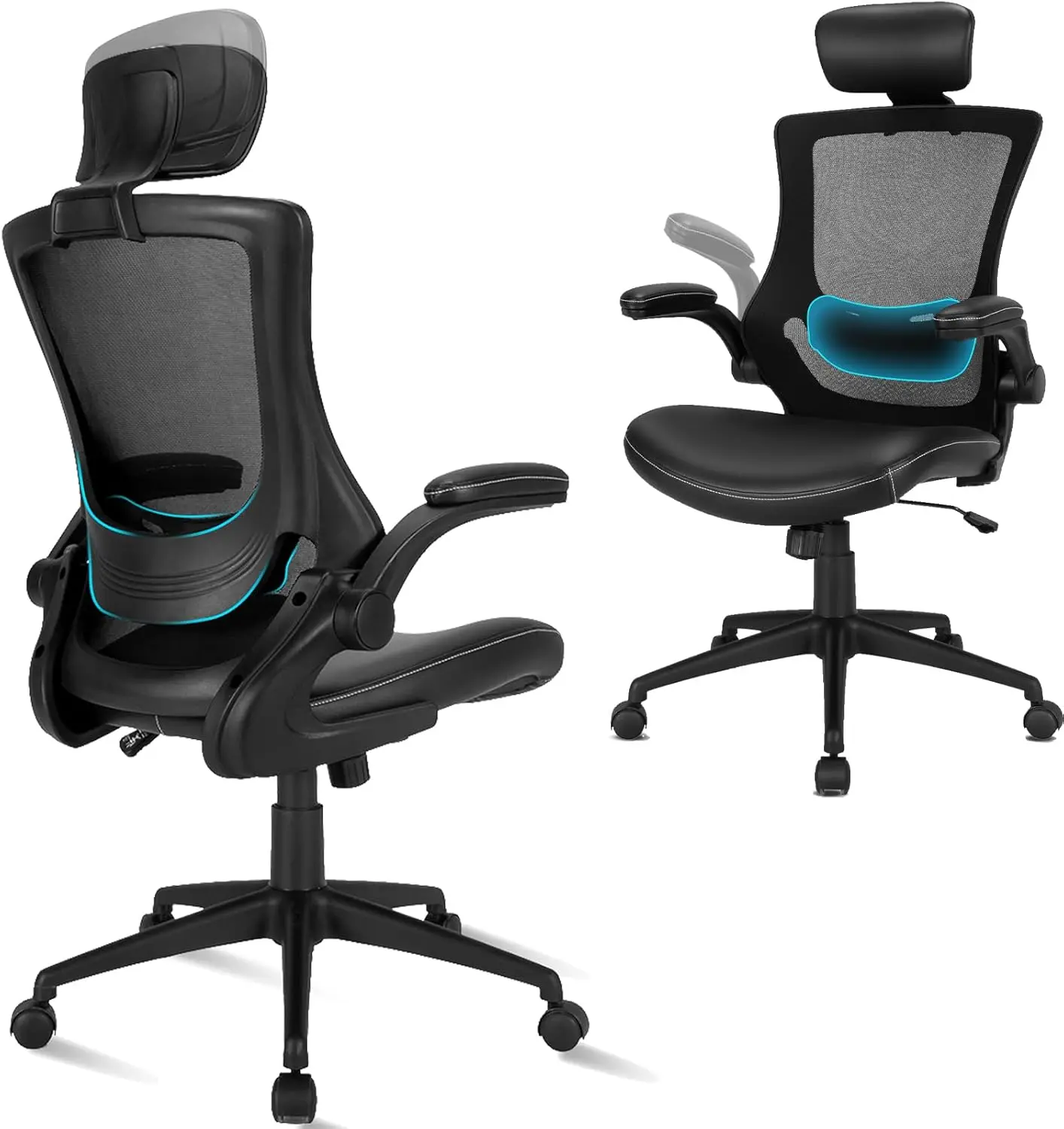 

Ergonomic Office Chair With Thickened Leather Seat, Mesh Desk Chair With Adjustable Headrest Lumbar Support And Flip-Up