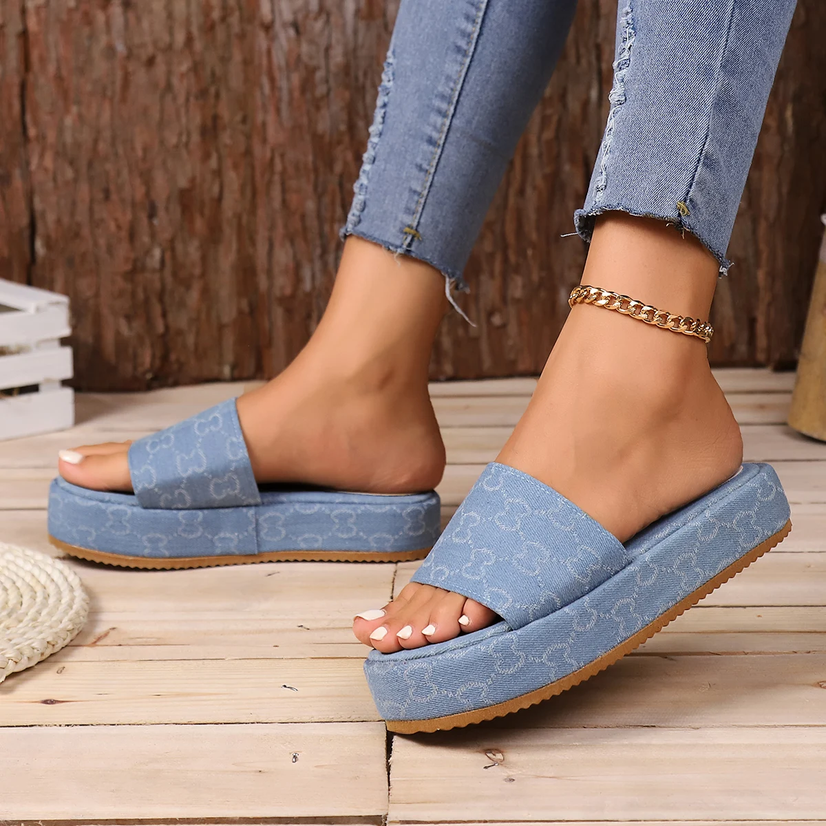 Summer New Women\'s Round Head Flat Soled Non-slip Slippers Woman Fashion Flowers Khaki Flats Sandals Female Zapatos De Mujer