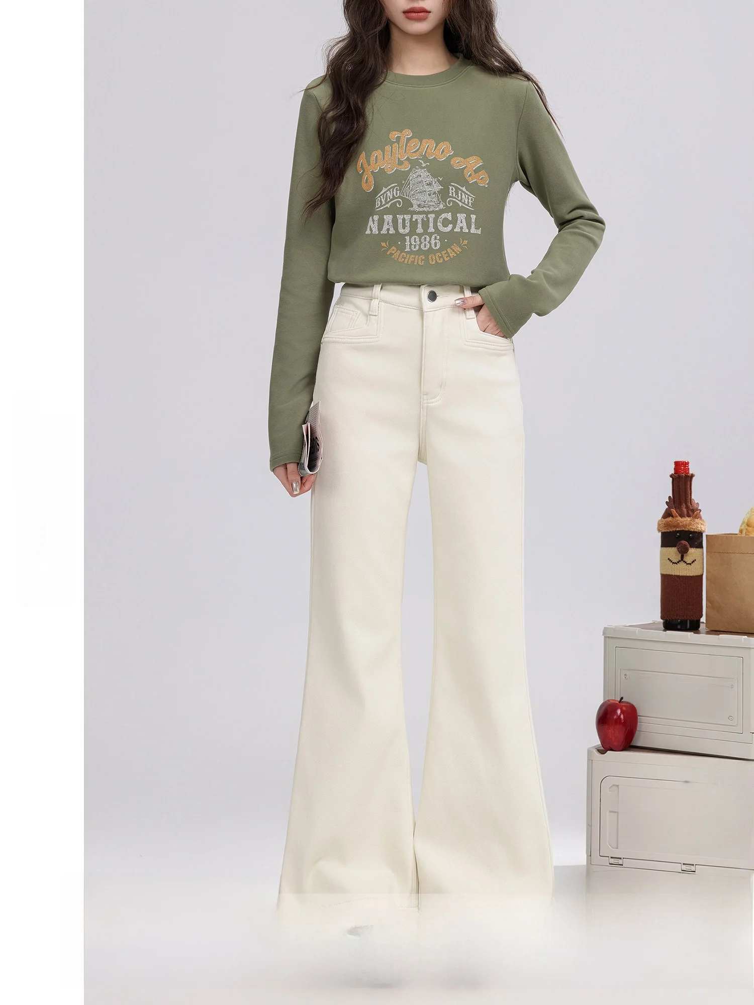 

High Waist Wide Leg Fce Lined Denim Jeans Straight Cut Retro Sle Women's Winter Trousers Comfortable Cotton Blend Zipper...
