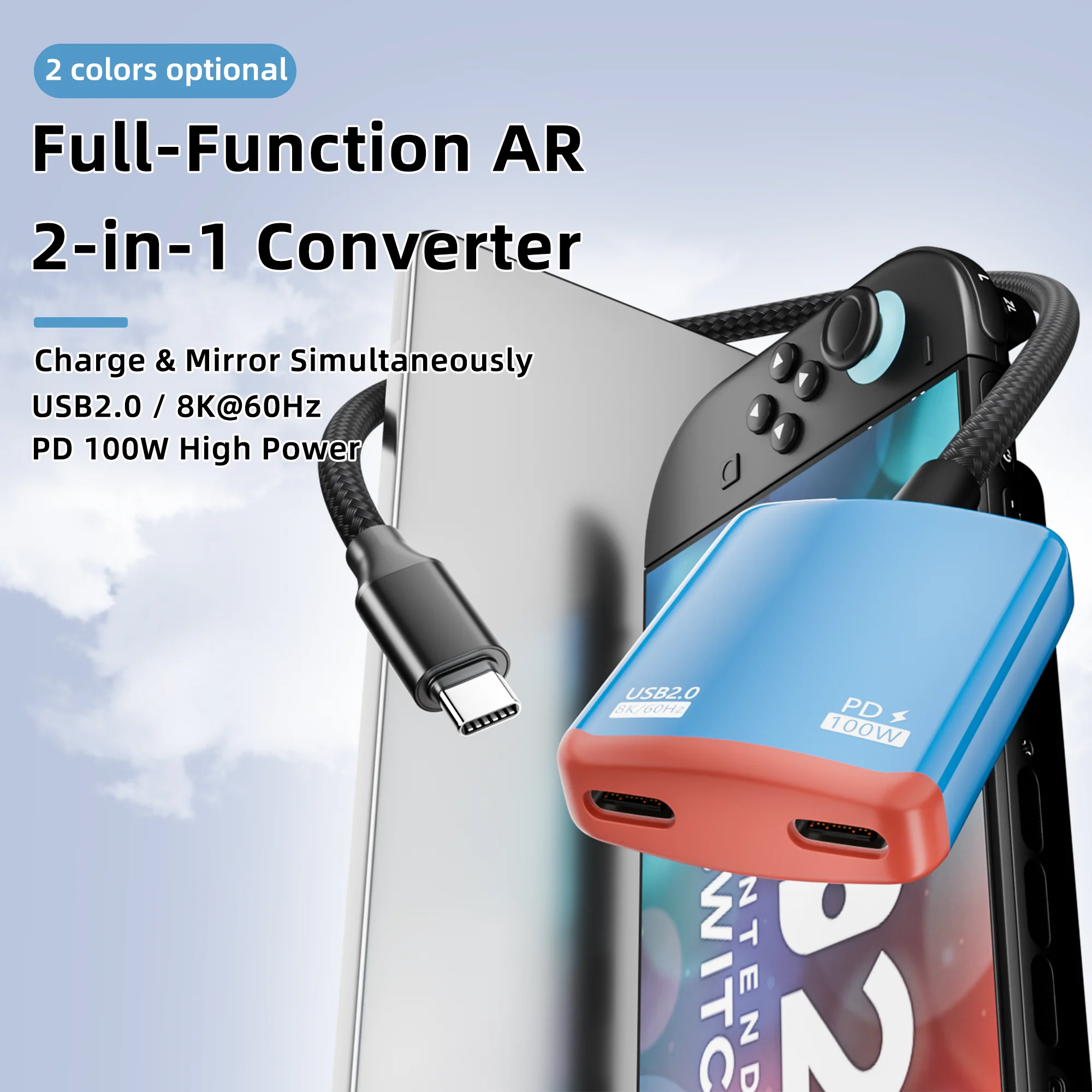 USB‑C 2‑in‑1 Multiport Adapter PD 100W Charging 8K@60Hz Video Output for Nintendo Switch, Laptop, Tablet, Mobile Phone