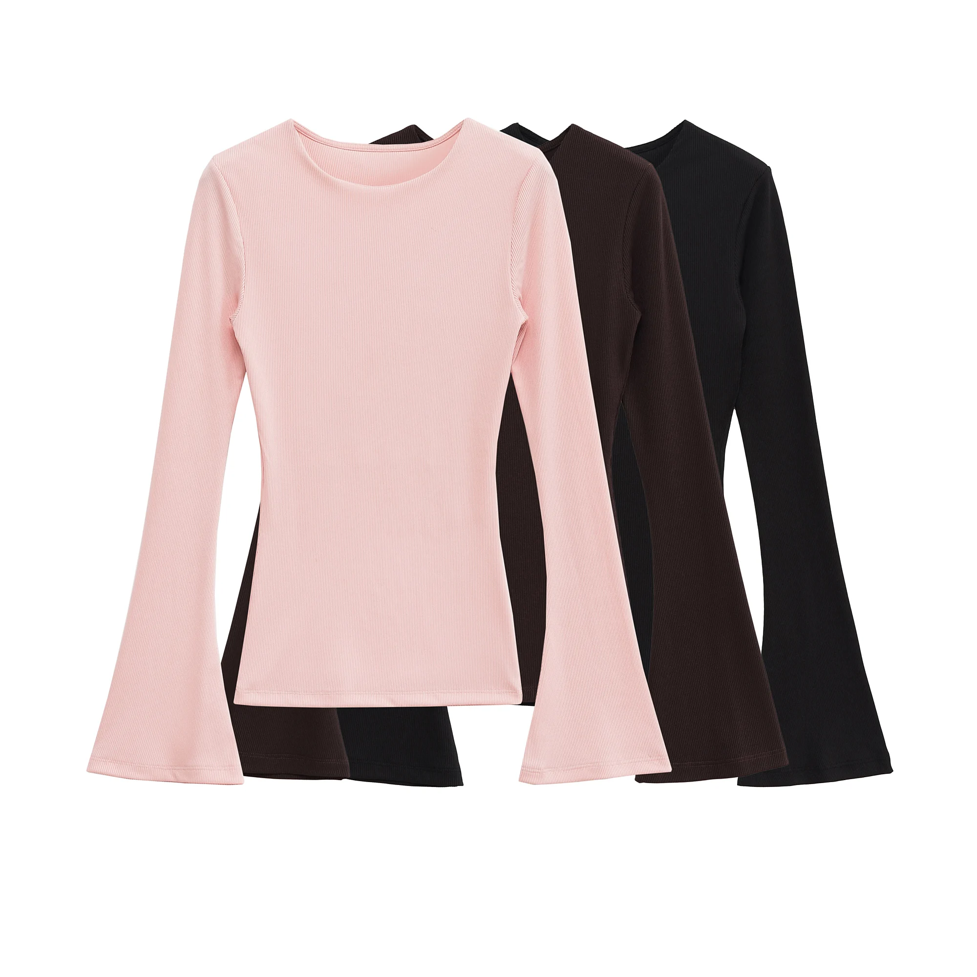 

Women's clothing autumn new products simple and versatile casual and fashionable ribbed trumpet long sleeve T-shirt