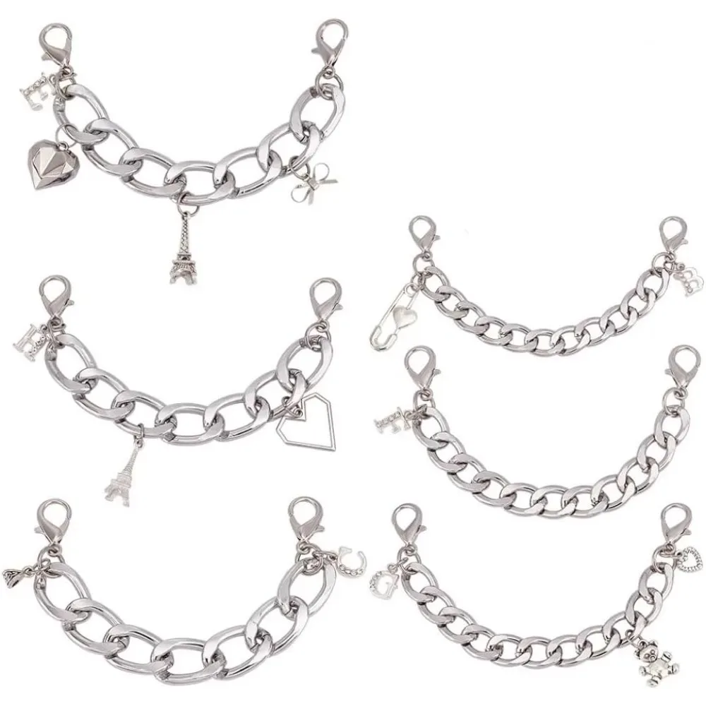 

6 Pcs 6 Styles Aluminum Letter Shoe Chains Heart Bear Charms Bow Decoration Pendant Tower Shoe Charm with making kit