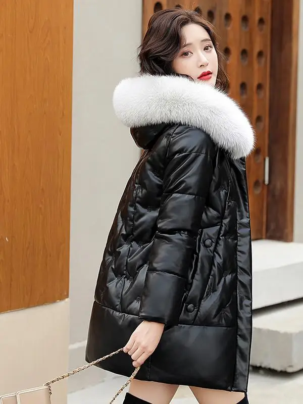 Invierno 2025 abrigo de piel auténtica con cuello de piel de longitud media para mujer abrigo de piel con capucha para ir al trabajo Sle