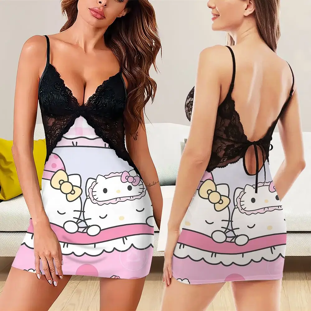 

2024Disney Hello Kitty cartoon pattern women's sleepwear sexy women's short nightgown summer new women's suspender lace skirt