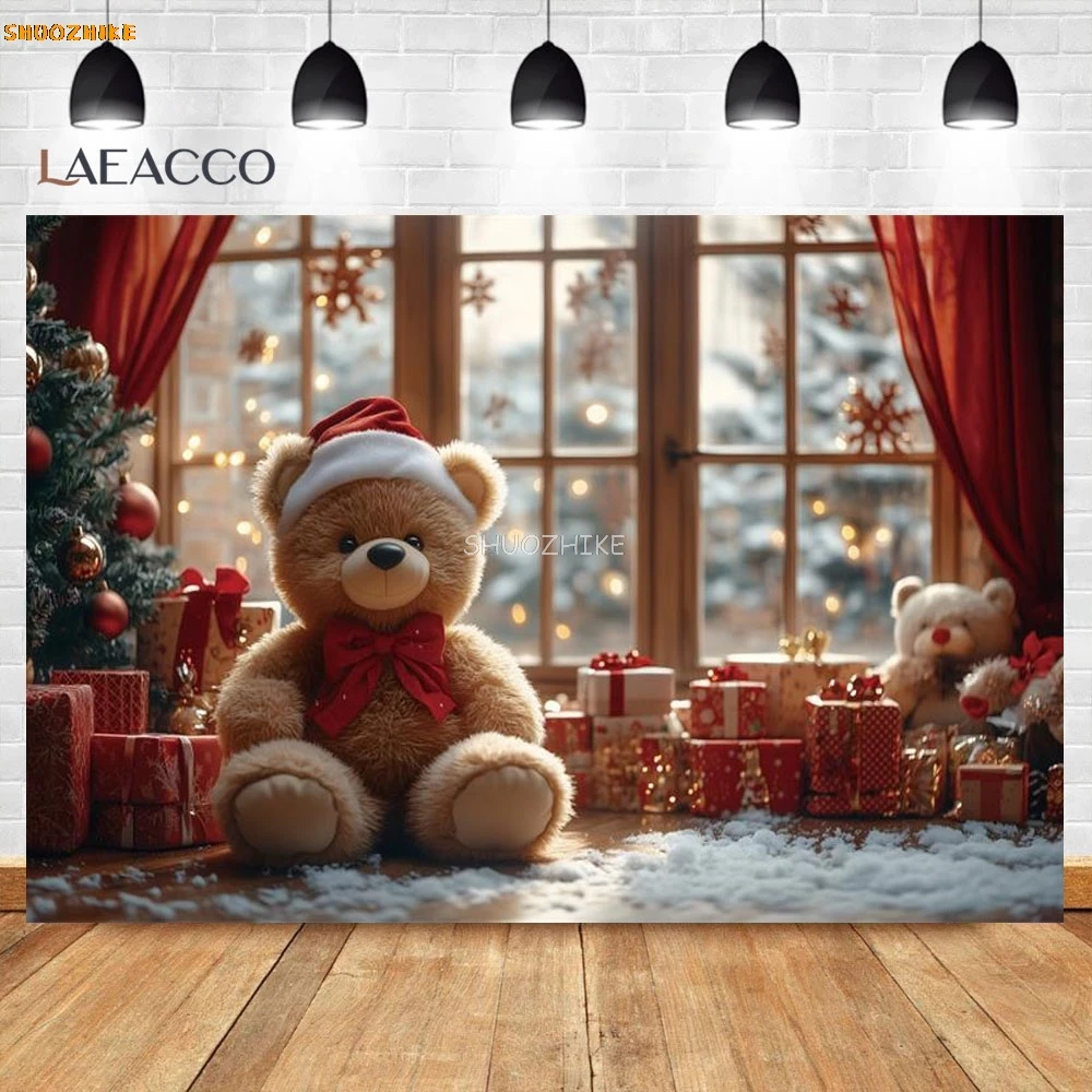 Winter Christmas Photography Backdrop Window Toy Bear Christmas Tree Kid Family Portrait Wood Floor Festival Party Backgrounds