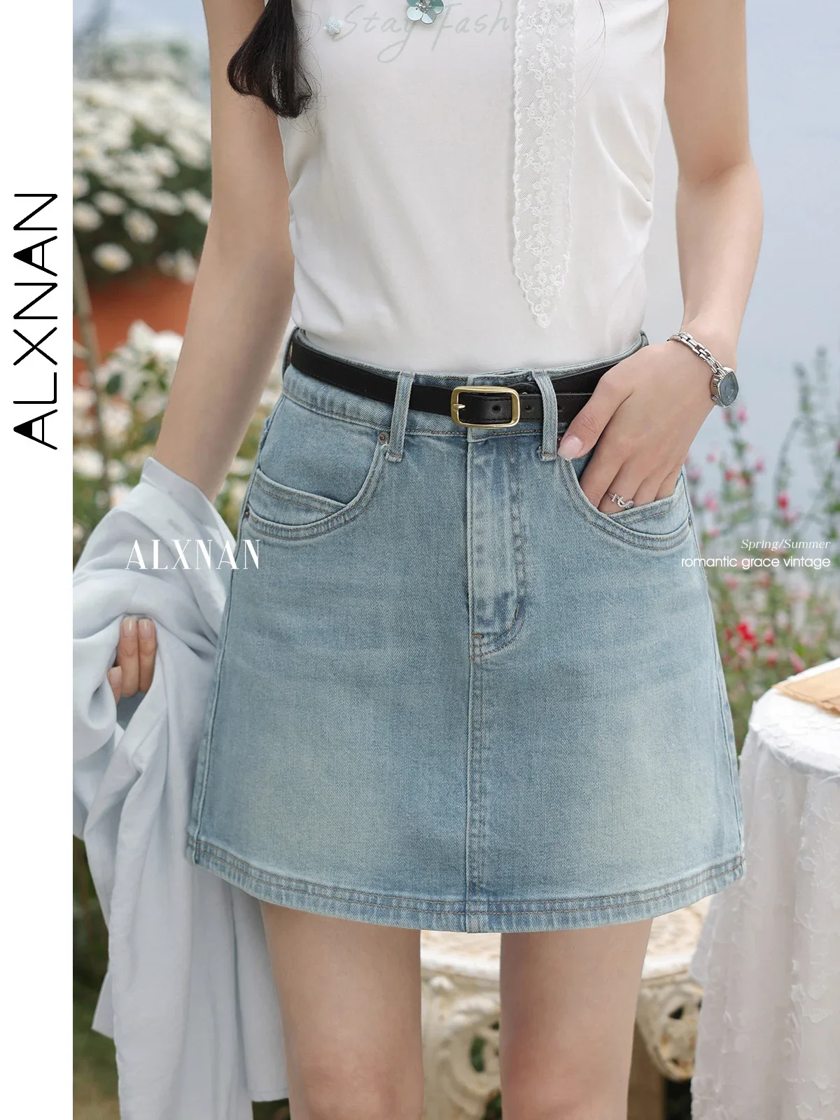 

ALXNAN Blue Short Skirt Vintage Elegant Mini Denim Skirts Women 2025 High-waist A-line Cotton Casual Ladies Clothing L55172