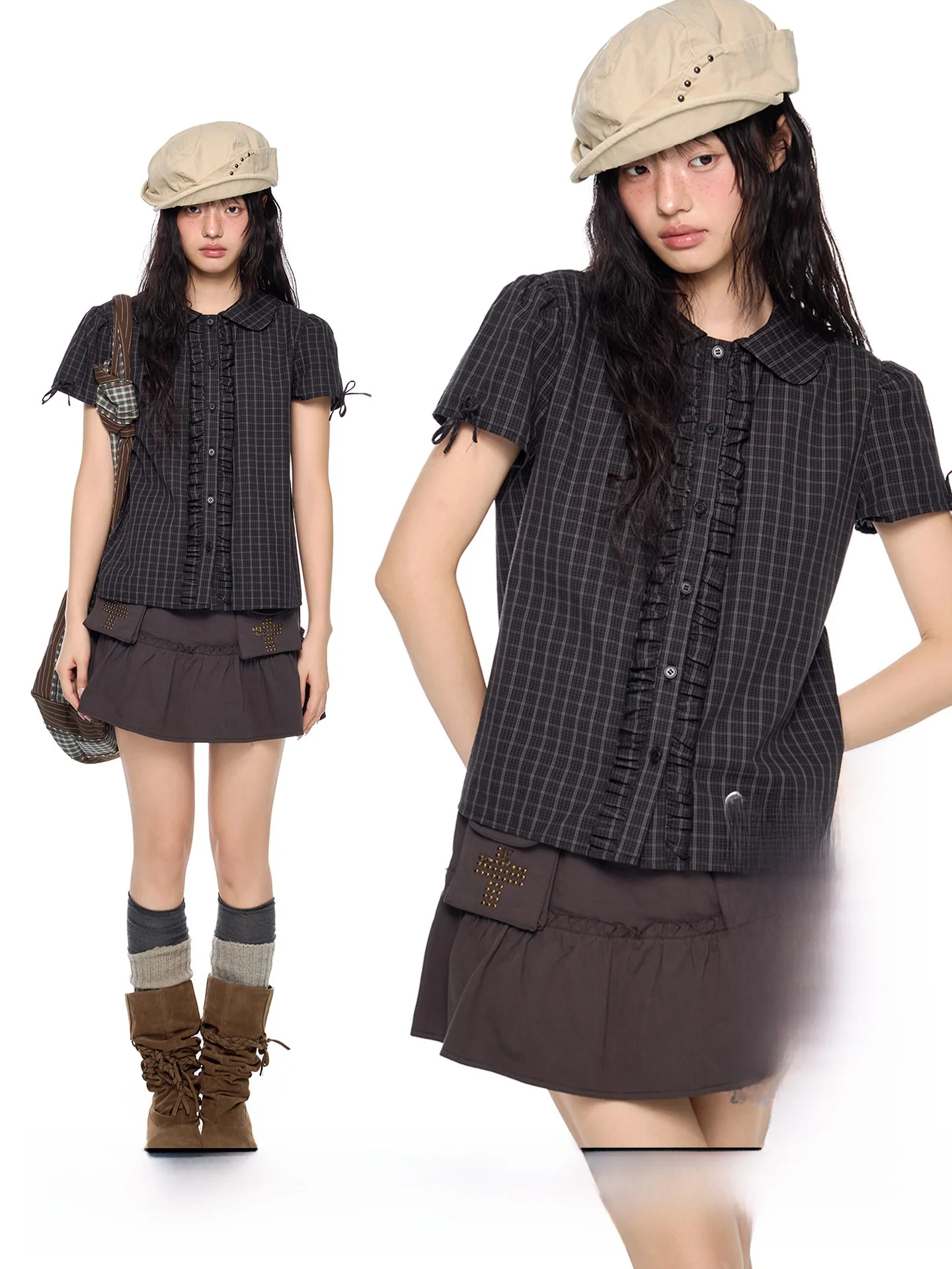 

EZEK Doll Collar Pleated Knot Plaid Short Sleeve Women's Summer New Retro Casual Korean Style Top Breathable Thin C...