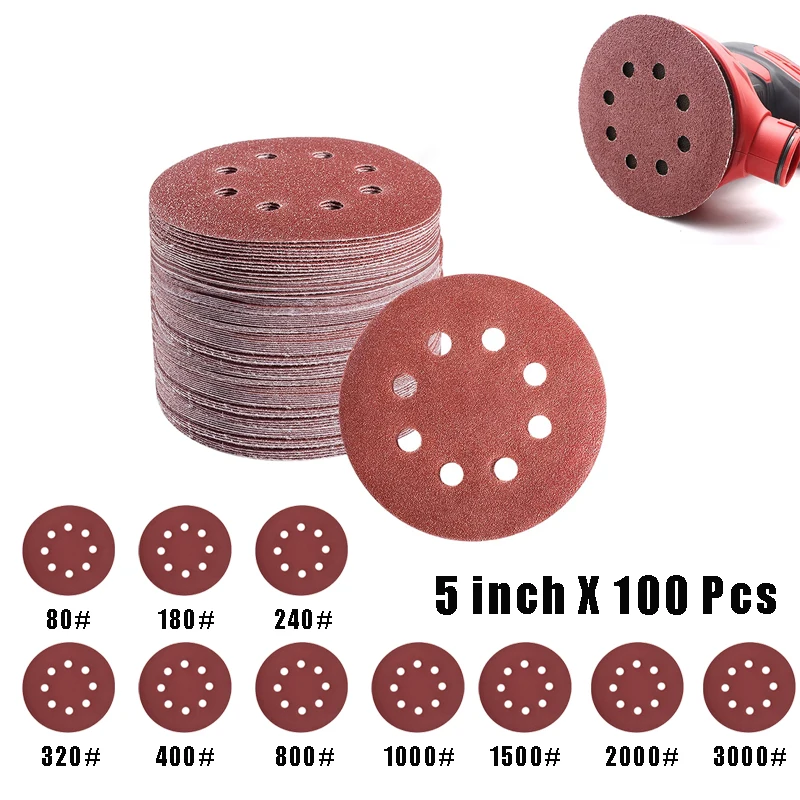 100 Pcs 125mm Sandpaper Round Shape Sanding Discs Hook Loop Sanding Paper Buffing Sheet Sandpaper 8 Hole Sander Polishing Pad