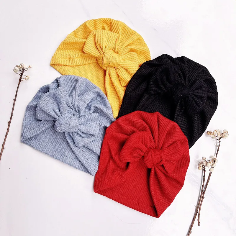 Chapeau de bébé tricoté en forme de gaufre 0-2T, Bonnet doux pour nouveau-né, chaud, pour hôpital, Turban, Bonnet pour bébé fille, nœud d\'oreille,