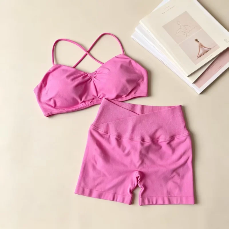 Women 2 Piece Seamless Workout Set Thin Strap Yoga Sports Bra High Waist Biker Shorts Scrunch Butt Lifting Gym Fitness Quick Dry
