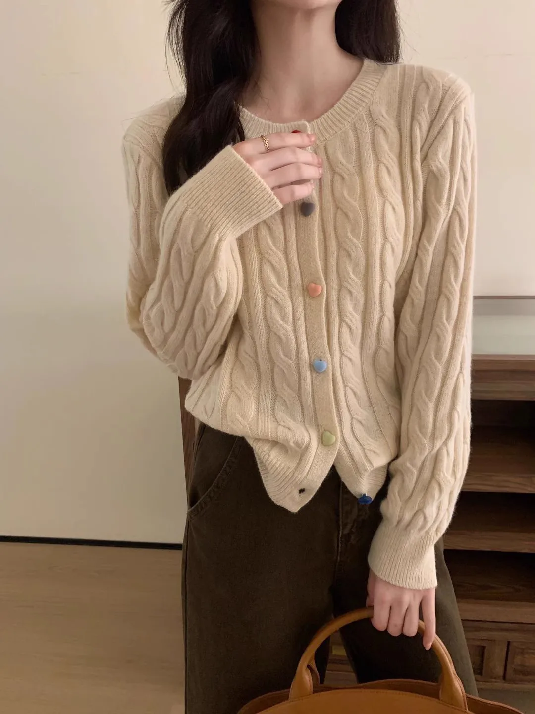 Damski sweter z dzianiny sweter Vintage pełny guzik na rękawie gruby sweter prosty jednolity, na co dzień elegancki płaszcz z dzianiny znosić 2024