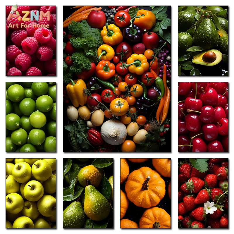 AZNM Unframed Canvas Print Vibrant Fruit Vegetable Wall Art Fresh Produce Kitchen Food Home Decor Poster