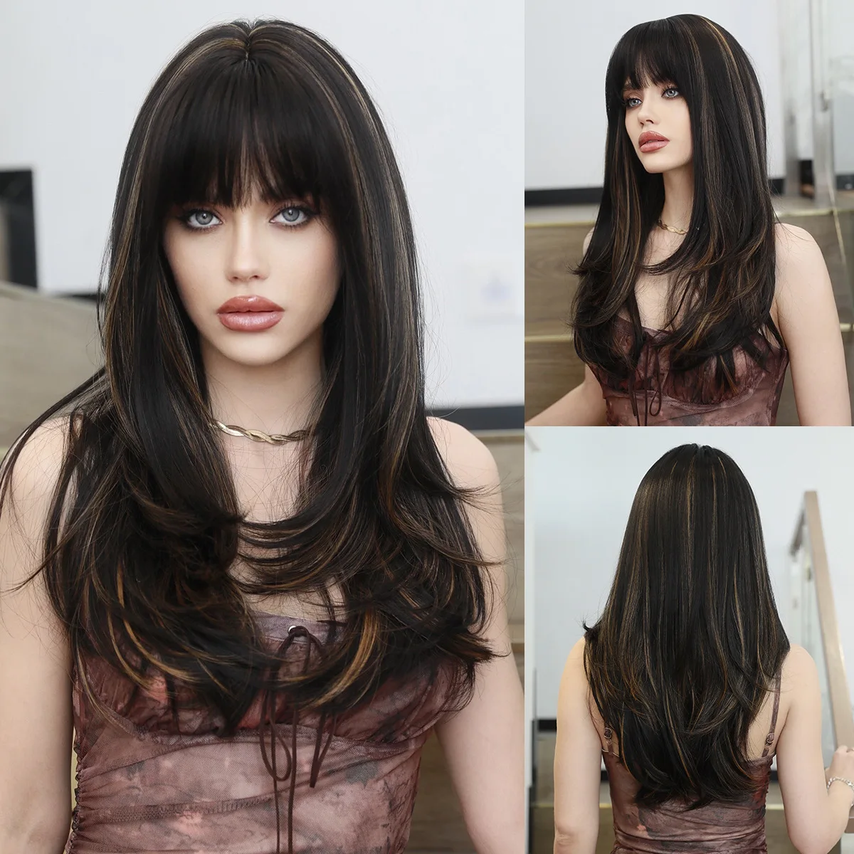 Peruca de cabelo reto longo para mulheres, tingido com manchas, fibra química, cobertura de cabeça de alto nível preto e marrom, moda