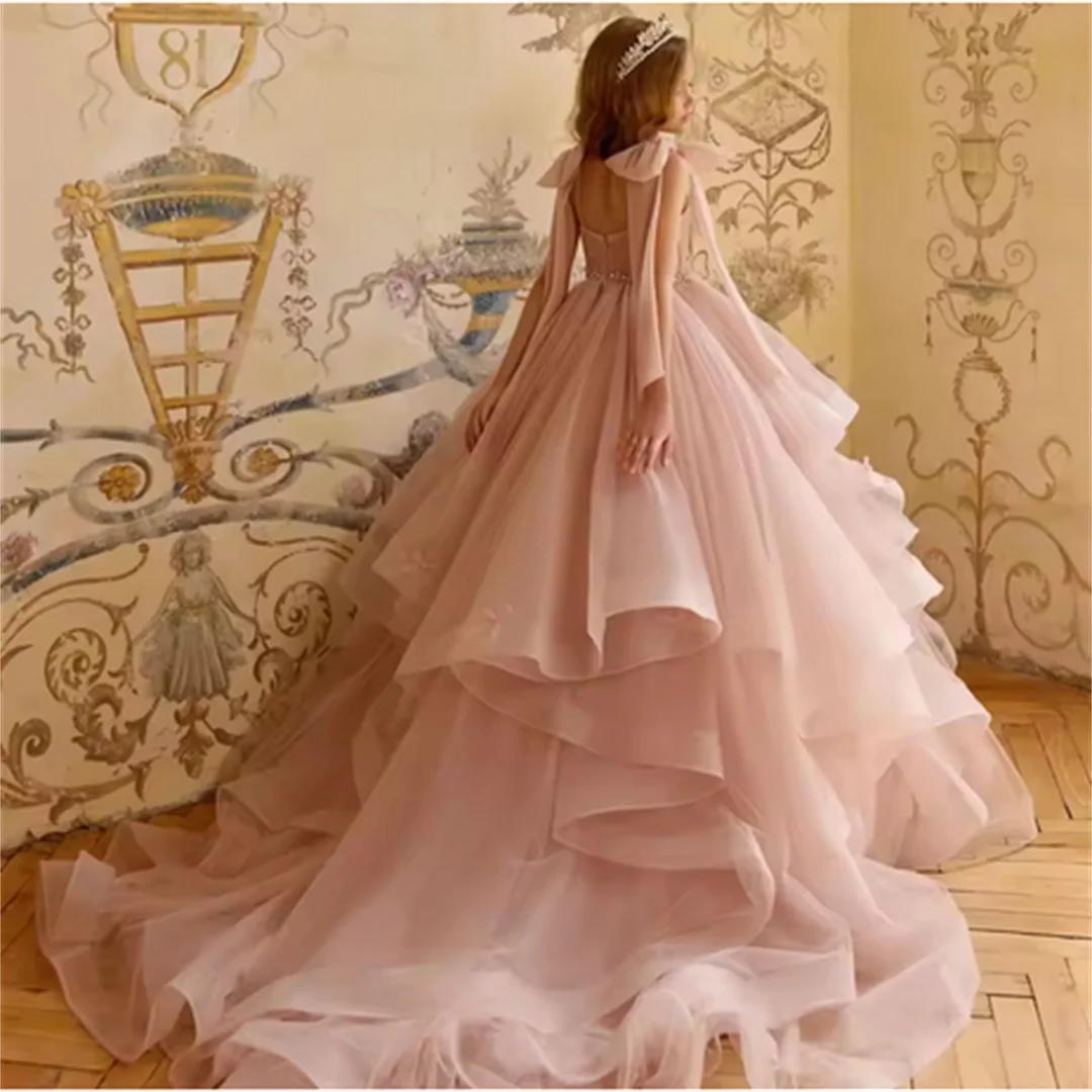 Vestido de niña de flores rosa personalizado, vestidos de princesa con volantes y cuentas hinchadas, vestidos de cumpleaños para niños, vestido de primera comunión personalizado