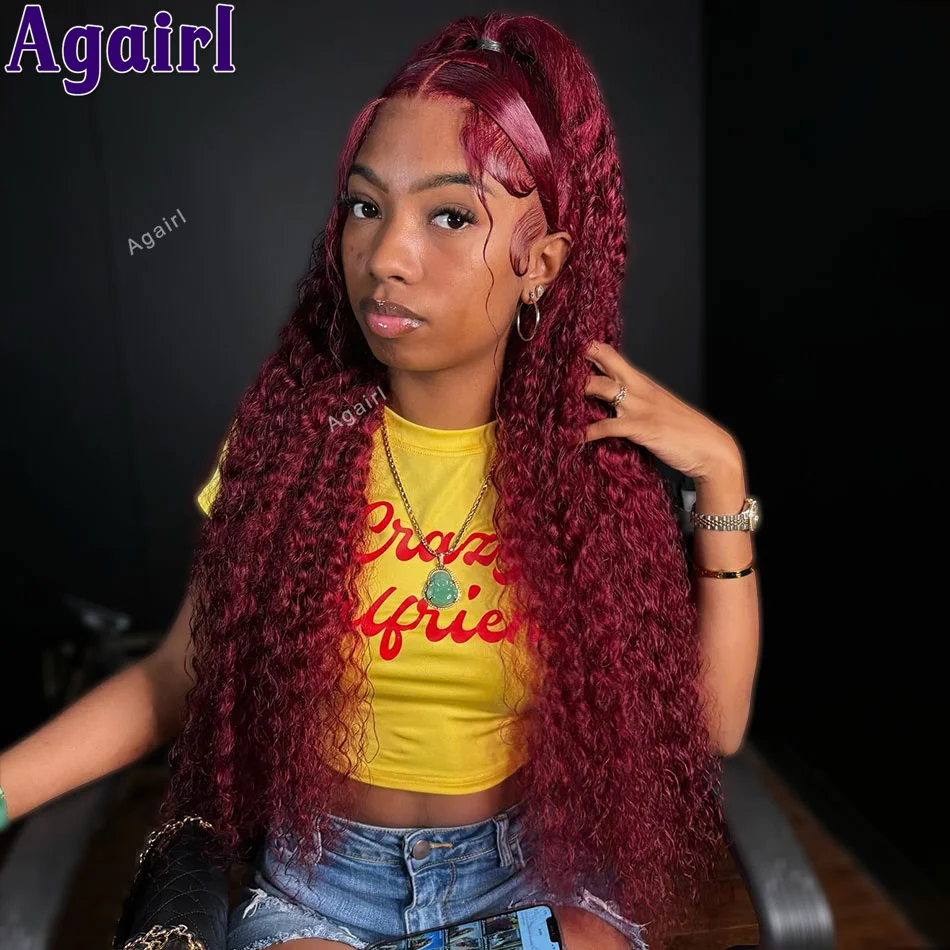 Perruque Lace Front Wig naturelle crépue bouclée rouge foncé, cheveux humains, 13x4, 99J, 13x6, pre-plucked, 200% de densité, pour femmes africaines