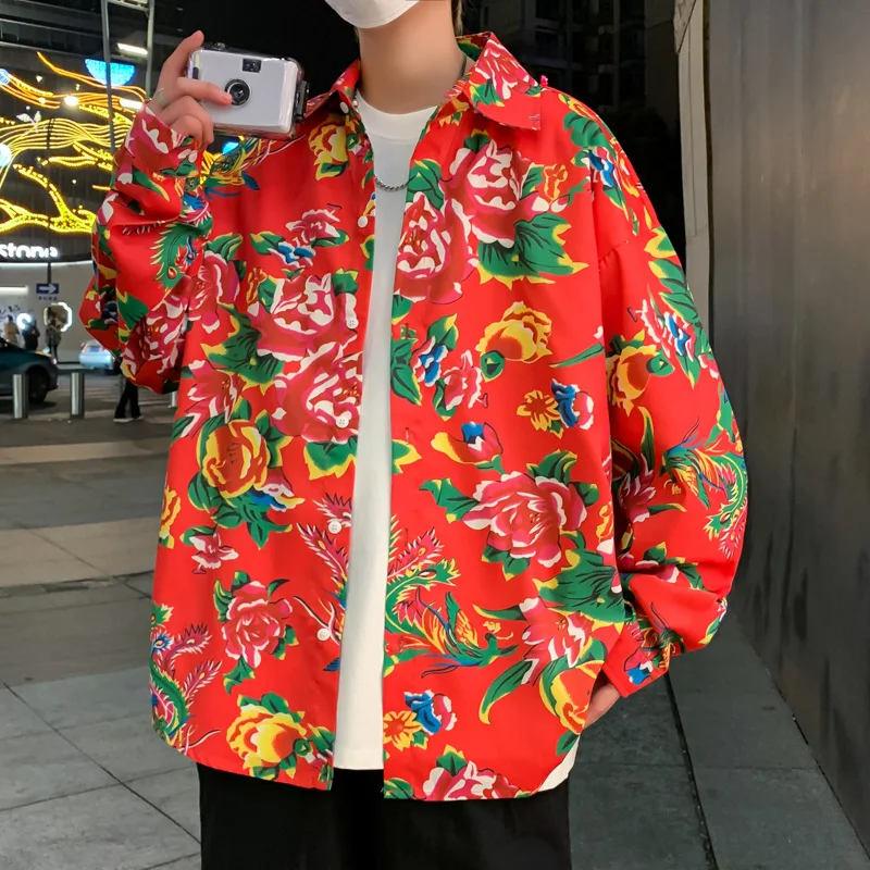 

Мужская приталенная рубашка с длинным рукавом и цветочным принтом, пляжная повседневная тонкая верхняя одежда, модная весенняя рубашка из дышащей полиэстеровой ткани