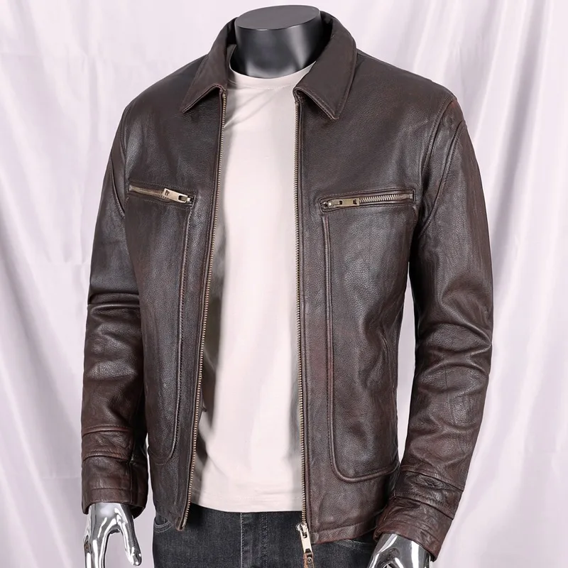 2024 Autumn New Fashion Men's First Layer Of Cowhide Leather Wash Made Old Slim Short Lapel Coat Male Genuine Leather Jackets