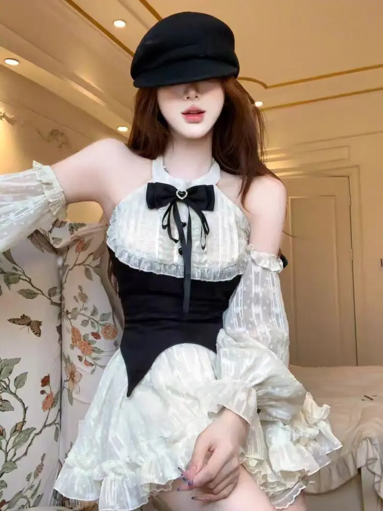 Otoño nuevo Vintage Francia vestido de encaje moda mujer dulce diseño Y2k vestidos ajustados con hombros descubiertos mujer encantadora ropa de retazos