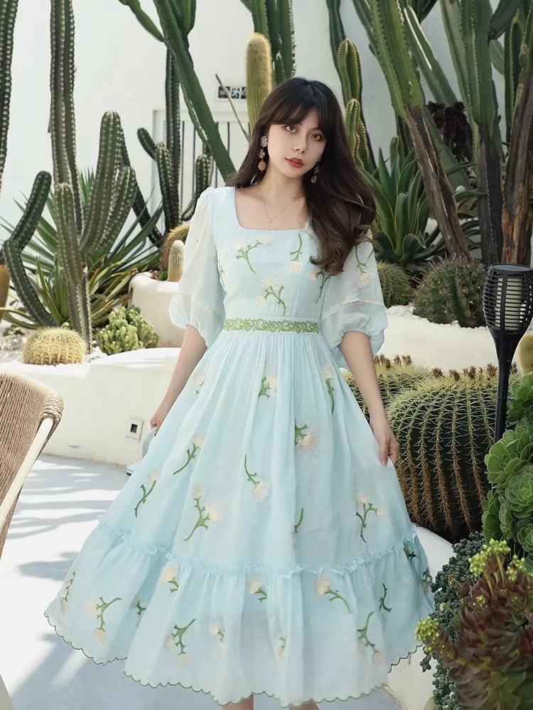 

88-96cm Spring Summer Holiday Dresses Women Vintage Elegant Slim Square Neck Luxury Ebmroidery Comfortable 100%Ramie Blue Dress