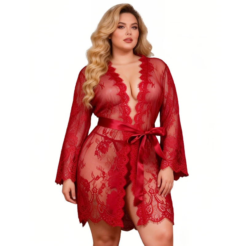 

Comeondear Plus Size Babydoll Lace Robe Nightgown With Belts Queen Size Erotic Cardigan Lingerie Mesh Ribbons Sexy Lingerie Set