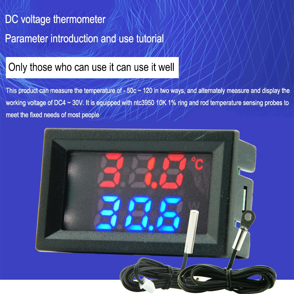 Digital Temperature Sensor Module DC4-30V DC Single Voltage Dual Thermometer NTC 10K 3950 Probe Blue Green Red Blue Red Green